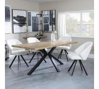 Ezra Oak Dining Set with Black Spider Legs - Ion Cream Boucle Teddy Fabric Swivel Dining Chair