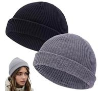 Ezranova 2PCS Fisherman Beanie Hat, Unisex Knit Skull Cap with Roll-Up Brim, Soft Stretchable Winter Hat for Men & Women, Thermal Winter Hat, Outdoor Activities & Casual Streetwear (Gray & Black)