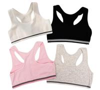 Ezranova 4-Pack Youth Sports Crop Tops - Unpadded Athletic Bras in 4 Colors (White/Black/Grey/Pink), Breathable Comfort for Active Wear