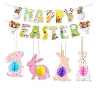 Ezranova Happy Easter Banner, Easter Bunting Decorations, Easter Tree Decorations, Easter Table Decorations, 3D Easter Honeycomb Decorations for Easter Party, Hanging Bunny Egg Spring Decor