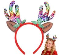 Ezranova Multi-Color Sequined Reindeer Headband - Christmas Headband Deer Ears Headpiece for All Ages, Festive Lighted Headwear for Christmas Parties & Holiday (Colorful and trendy Christmas style)