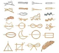 Ezume® Gold Silvel Minimalism Hair Clips Dainty Feather Hollow Geometric Clasps Moon Triangle Circle Bow Infinity Hairpin Crown Star Cat Hair Barrettes for Girl Women with Thick Hair Styling (24 pcs)