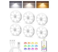 EZVALO 6-Pack Rechargeable Under Cabinet LED Puck Lights with 15 RGB Color Temps Motion Sensor, Remote Control for Kitchen, Shelves, Stairs, Lockers