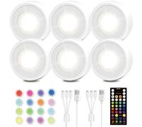 EZVALO LED Puck Lights, 6 Pack Rechargeable 3 Color & 16 RGB Battery Touch Light, 2.5'' Mini Tap Lights, Wireless Closet Light, Under Cabinet Lighting, Sitck On Lights for Kitchen,Pantry,Shelves