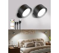 EZVALO LED Wall Lights, 2000mAh Rechargeable Wall Lights Indoor, 3 Color Temps with Remote and Touch Control, 360°Rotation Dimmable Cordless Wall Light for Living Room Bedroom (Black, 2 Pack)