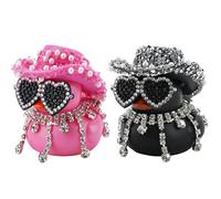 EZVEZS 2PCs Diamond Rubber Duck,Car Duck Ornaments,Pink & Black Ducks Dashboard Decoration,Funny Car Dashboard Ducks Accessories with Cowboy Hat & Sunglasses & Diamond Necklace for Office