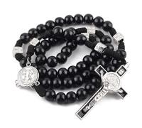 EZVFIRPDFZ 12mm Black Wood Rosary with St.Benedict Metal Center Piece Necklace 21inch with Medal Crucifix for Men