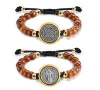 EZVFIRPDFZ 2 Pcs Medal Saint Benedict Bracelet for Women Adjustable Beaded Rosary St Benedict Bracelets Protection Catholic Blessing Jewelry Charm Religious Gifts for Men Women