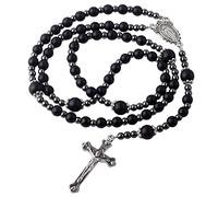 EZVFIRPDFZ 6mm Black Glass Beads with 4mm Hematite Black Stone Beads Rosary Necklace with Miraculous Center piece and Crucifix pack in Velvet Gift Bag for Men and Women