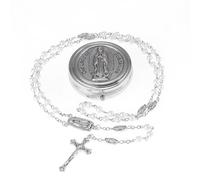 EZVFIRPDFZ 6mm Glass Pearl Rosary Beads Catholic for Women,Virgin Mary Our Lady of Guadalupe Medal,Hematite Stone Saint Benedict Rosary,Bead Necklace First Communion Gifts with Metal Box