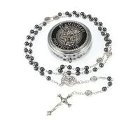 EZVFIRPDFZ 6mm Glass Pearl Rosary Beads Catholic for Women,Virgin Mary Our Lady of Guadalupe Medal,Hematite Stone Saint Benedict Rosary,Bead Necklace First Communion Gifts with Metal Box