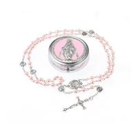 EZVFIRPDFZ 6mm Glass Pearl Rosary Beads Catholic for Women,Virgin Mary Our Lady of Guadalupe Medal,Hematite Stone Saint Benedict Rosary,Bead Necklace First Communion Gifts with Metal Box