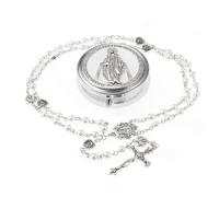 EZVFIRPDFZ 6mm Glass Pearl Rosary Beads Catholic for Women,Virgin Mary Our Lady of Guadalupe Medal,Hematite Stone Saint Benedict Rosary,Bead Necklace First Communion Gifts with Metal Box