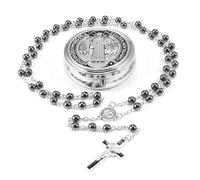 EZVFIRPDFZ 6mm Glass Pearl Rosary Beads Catholic for Women,Virgin Mary Our Lady of Guadalupe Medal,Hematite Stone Saint Benedict Rosary,Bead Necklace First Communion Gifts with Metal Box