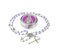 EZVFIRPDFZ 6mm Glass Pearl Rosary Beads Catholic for Women,Virgin Mary Our Lady of Guadalupe Medal,Hematite Stone Saint Benedict Rosary,Bead Necklace First Communion Gifts with Metal Box
