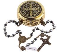 EZVFIRPDFZ 6mm Hematite Black Stone Beads with Anti-Bronze Saint Benedict Center Piece Medal and Crucifix Catholic Rosary Necklace for Men and Women with Metal Gold Catholic Rosary Box