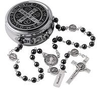 EZVFIRPDFZ 6mm Hematite Stone Black Beads Catholic Saint Benedict Rosary Necklace for Men and Boy with St.Benedict Center Piece and Crucifix with Metal Box