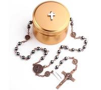 EZVFIRPDFZ 6mm Hematite Stone Black Beads Saint Benedict Catholic Rosary Necklace with Titanium Metal Cross Box for Men Women