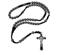 EZVFIRPDFZ 8mm Hematite Black Stone Beads Catholic Rosary Necklace for Men Saint Benedict Medal Crucifix Handmade Braided Rosaries with Rosary Pouch&Prayer Card Religious