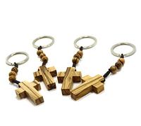 EZVFIRPDFZ Authentic Olive Wood Cross Keyring with Three Rosary for Faith Hope&Charity