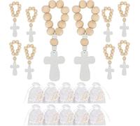 EZVFIRPDFZ Baptism Favors,10pcs Wooden Rosary with Cross Pendant and White Mesh Bags,Rosary Favors for Baptism,Communion,Confirmation,Baby Shower,Christening