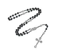 EZVFIRPDFZ Bead Rosary Necklace with Crucifix and Our Lady of Guadalupe Medal Black Volcanic Rock Beads Catholic Prayer Rosaries Necklaces for Men Gifts in Velvet Bag