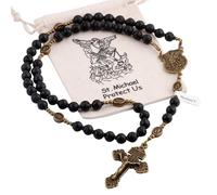 EZVFIRPDFZ Black Lave Stone Beads Saint Michael Catholic Rosary Necklace with Bag