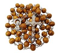 EZVFIRPDFZ CATHOLIC ROSARY NECKLACE 8MM Wood Rosary Jerusalem Cross Crucifix Virgin Mary Centerpiece with Certificate
