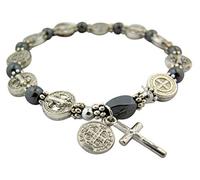 EZVFIRPDFZ CB Silver Tone Saint Benedict Medal Hematite Bead Rosary Bracelet,7 1/2 Inches