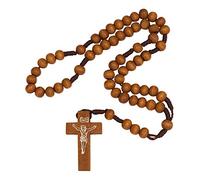 EZVFIRPDFZ Christian Catholic Wooden Beige Rosary Prayer Beaded Cross Crucifix Christ Jesus Necklace for Auto Car for Men Women Religious Jewelry Jerusalem Pendant 12.5"