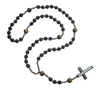 EZVFIRPDFZ COLORFUL BLING Natural Stone Tiger Black Stone Rosary Cross Pendant Christ Catholic Prayer Necklace for Men