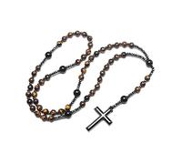 EZVFIRPDFZ COLORFUL BLING Natural Stone Tiger Black Stone Rosary Cross Pendant Christ Catholic Prayer Necklace for Men