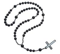 EZVFIRPDFZ COLORFUL BLING Natural Stone Tiger Black Stone Rosary Cross Pendant Christ Catholic Prayer Necklace for Men