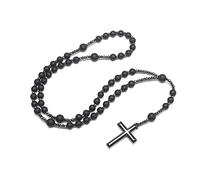 EZVFIRPDFZ COLORFUL BLING Natural Stone Tiger Black Stone Rosary Cross Pendant Christ Catholic Prayer Necklace for Men
