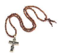 EZVFIRPDFZ Crucifix Stretch Rosary Necklace Wooden Beads Handmade Holy Mary Stainless Steel Cross Medal Amulet Christian Pendant for Men&Women