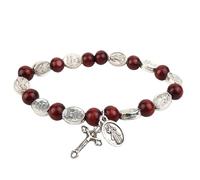 EZVFIRPDFZ Divine Mercy Stretch Rosary Bracelet,Red Wooden Bead with Metal Crucifix Charm,Catholic for Women,7.5 Inches