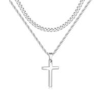 EZVFIRPDFZ Father's Day Gifts 2 Pcs Cross Necklace Chain for Men and Women,Layered Mens Cross Necklaces Stainless Steel Pendant Cuban Link Rope Chain 16-26 Inch