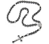 EZVFIRPDFZ Hematite Beads Catholic Saint Benedict Rosary,Cross Crucifix Pendant Necklace for Men,Prayer Meditation Rosary St Benedict Series Medals Obsidian Religious Bracelet(F)