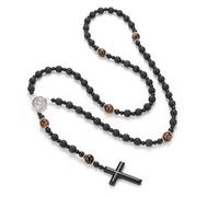EZVFIRPDFZ Hematite Beads Catholic Saint Benedict Rosary,Cross Crucifix Pendant Necklace for Men,Prayer Meditation Rosary St Benedict Series Medals Obsidian Religious Bracelet(F)