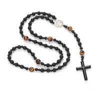 EZVFIRPDFZ Hematite Beads Catholic Saint Benedict Rosary,Cross Crucifix Pendant Necklace for Men,Prayer Meditation Rosary St Benedict Series Medals Obsidian Religious Bracelet(F)