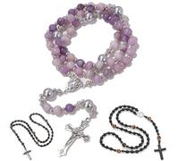 EZVFIRPDFZ Hematite Beads Catholic Saint Benedict Rosary,Cross Crucifix Pendant Necklace for Men,Prayer Meditation Rosary St Benedict Series Medals Obsidian Religious Bracelet(F)