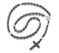 EZVFIRPDFZ Hematite Beads Catholic Saint Benedict Rosary,Cross Crucifix Pendant Necklace for Men,Prayer Meditation Rosary St Benedict Series Medals Obsidian Religious Bracelet(F)