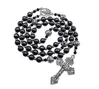EZVFIRPDFZ Hematite Men Rosary Black Beads Stainless Knotted Necklace Miraculous Medal&Our Father Cross