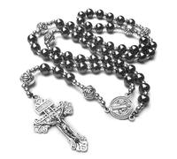 EZVFIRPDFZ Hematite rosary beads catholic for men,Rosary Necklace for men and women with medal&cross,Rosary black stone beads with stainless steel beads and St.Benedict metal beads.