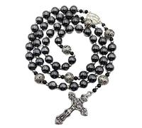 EZVFIRPDFZ Hematite Rosary Black Stone Beads Necklace Metal Beaded Miraculous Medal&Cross Rosary For Men and Womens NS