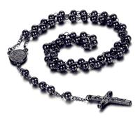 EZVFIRPDFZ Men's Women's Vintage Stainless Steel 6mm Beads Black Christ Crucifix Cross Rosary Pendant Necklace,30 inch Catholic Rosary Beads Pray Necklace