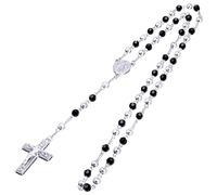EZVFIRPDFZ Rosary 6 mm Black Bead Gold and Silver Tone Guadalupe&Cross 28" Necklace HR 600
