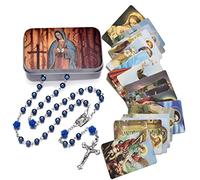 EZVFIRPDFZ Rosary Beads Catholic Necklace Holy Soil Medal Cross Crucifix with Metal Box and 18pcs Prayer Cards