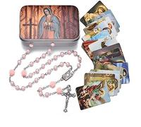 EZVFIRPDFZ Rosary Beads Catholic Necklace Holy Soil Medal Cross Crucifix with Metal Box and 18pcs Prayer Cards