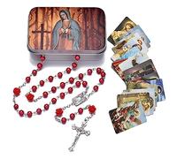 EZVFIRPDFZ Rosary Beads Catholic Necklace Holy Soil Medal Cross Crucifix with Metal Box and 18pcs Prayer Cards
